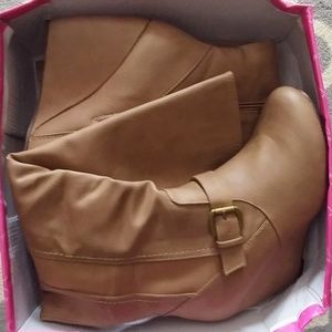 Nude Wedge Knee High Boots